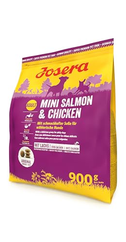 JOSERA Mini Salmon & Chicken (1 x 900 g) | Adult Mini | Premium Trockenfutter für ausgewachsene Hunde Kleiner Rassen | kleine Kroketten | mit leckerem Soßenpulver auch nass zu verfüttern | 1er Pack von Josera