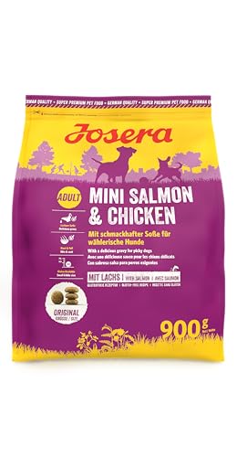 JOSERA Mini Salmon & Chicken (1 x 900 g) | Adult Mini | Premium Trockenfutter für ausgewachsene Hunde Kleiner Rassen | kleine Kroketten | mit leckerem Soßenpulver auch nass zu verfüttern | 1er Pack von Josera