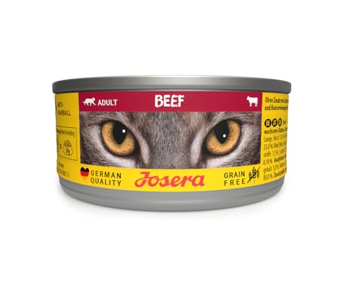 JOSERA Nassfutter Beef (12 x 85 g) | Adult | Premium Katzenfutter nass für ausgewachsene Katzen | Rind | mit Lachsöl | getreidefrei | gegen Harnsteinbildung und Haarballen | Alleinfutter | 12er Pack von Josera