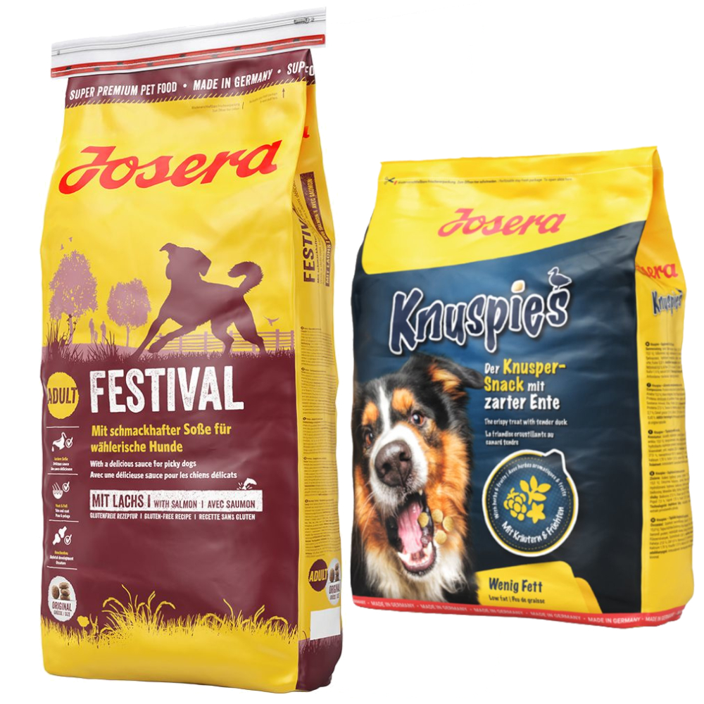 Josera Kombi-Paket: 12,5 kg Adult Trockenfutter + 3 x 900 g Knuspersnacks - Festival 12,5 kg + Knuspies 3 x 900 g von Josera