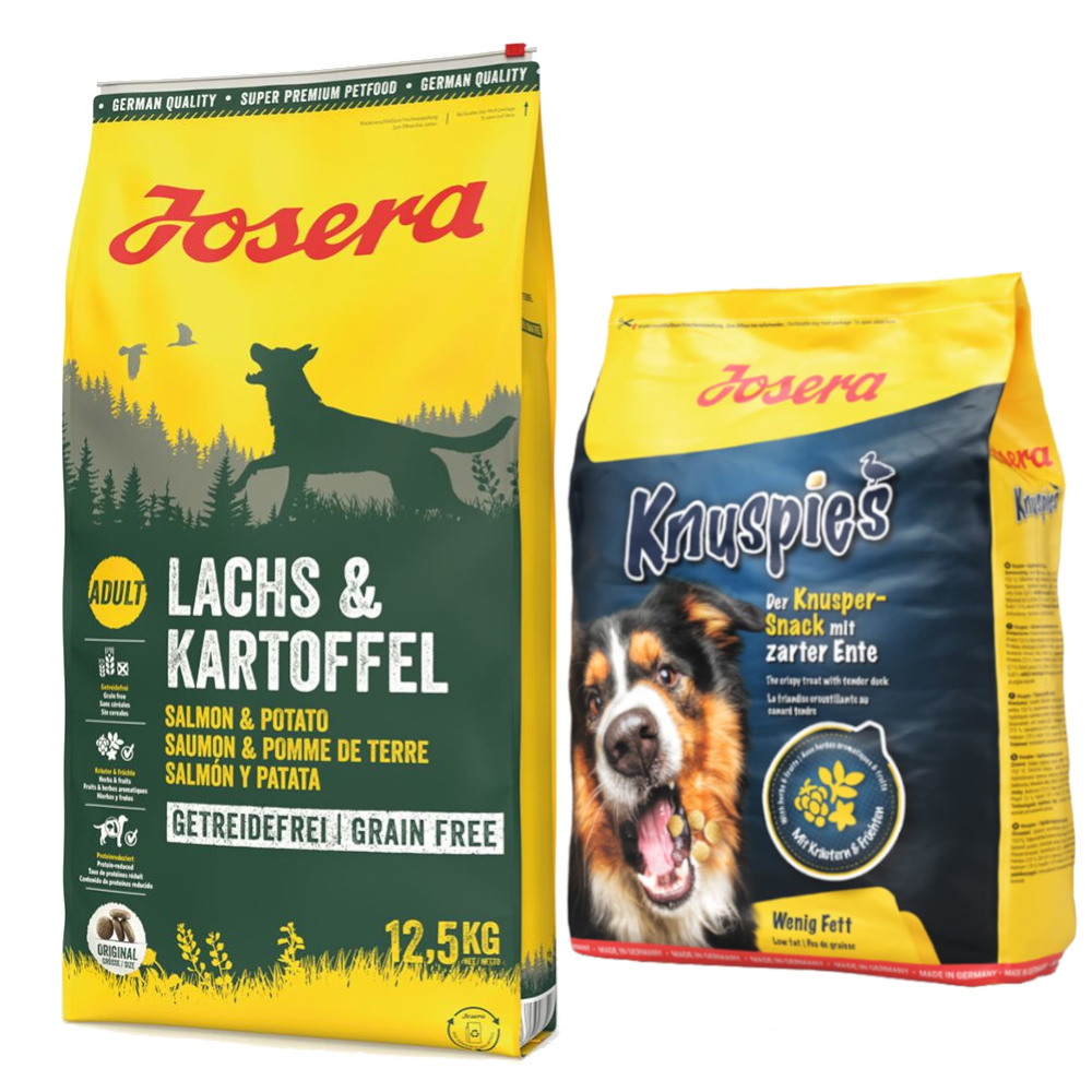 Josera Kombi-Paket: 12,5 kg Adult Trockenfutter + 3 x 900 g Knuspersnacks - Lachs & Kartoffel (getreidefrei) 12,5 kg + Knuspies 3 x 900 g von Josera