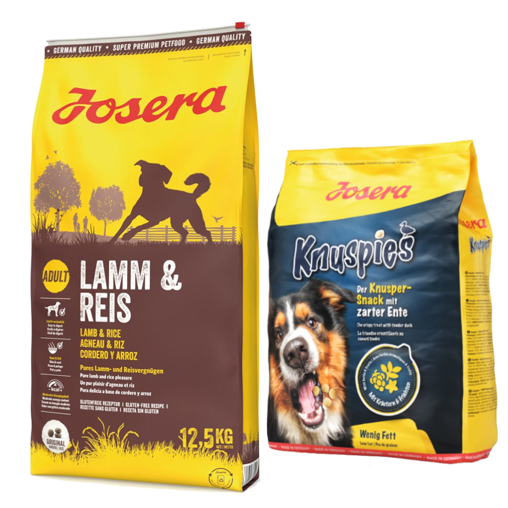 Josera Kombi-Paket: 12,5 kg Adult Trockenfutter + 3 x 900 g Knuspersnacks - Lamm & Reis 12,5 kg + Knuspies 3 x 900 g von Josera