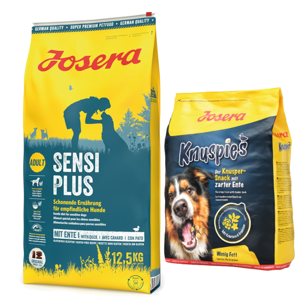 Josera Kombi-Paket: 12,5 kg Adult Trockenfutter + 3 x 900 g Knuspersnacks - SensiPlus 12,5 kg + Knuspies 3 x 900 g von Josera