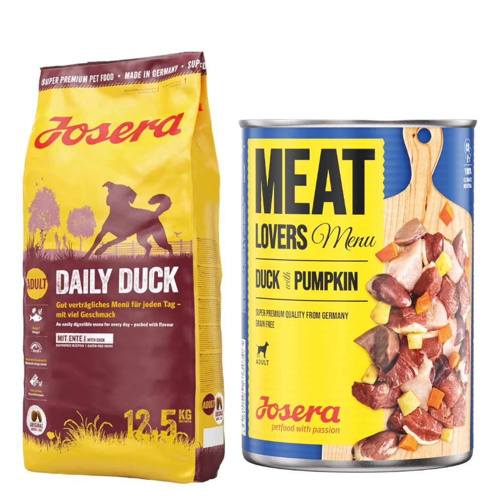 Josera Kombi-Paket: 12,5 kg Daily + 12 x 400 g Meatlovers Menü - 12,5 kg Ente + 12 x 400 g Ente & Kürbis von Josera