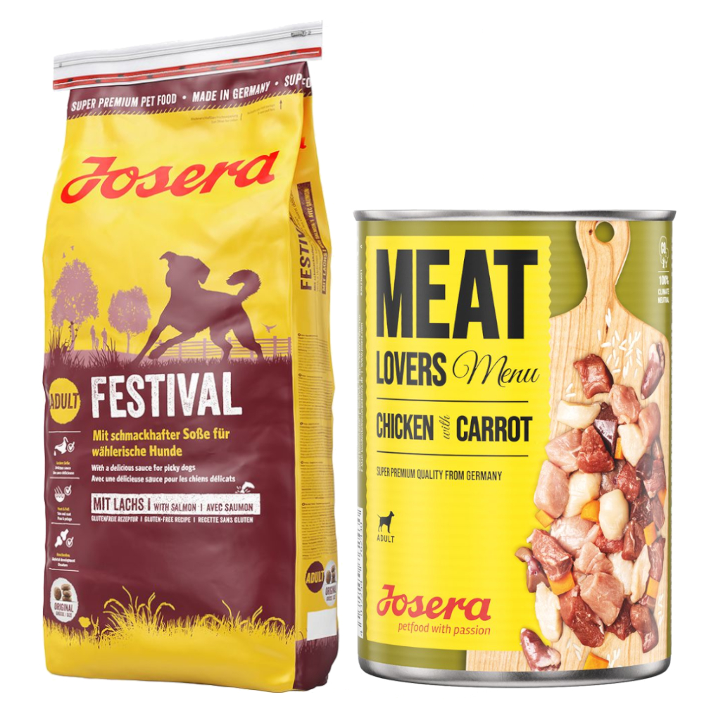 Josera Kombi-Paket: 12,5 kg Trockenfutter + 12 x 400 g Meatlovers Menü - Festival 12,5 kg + Huhn & Karotte 12 x 400 g von Josera