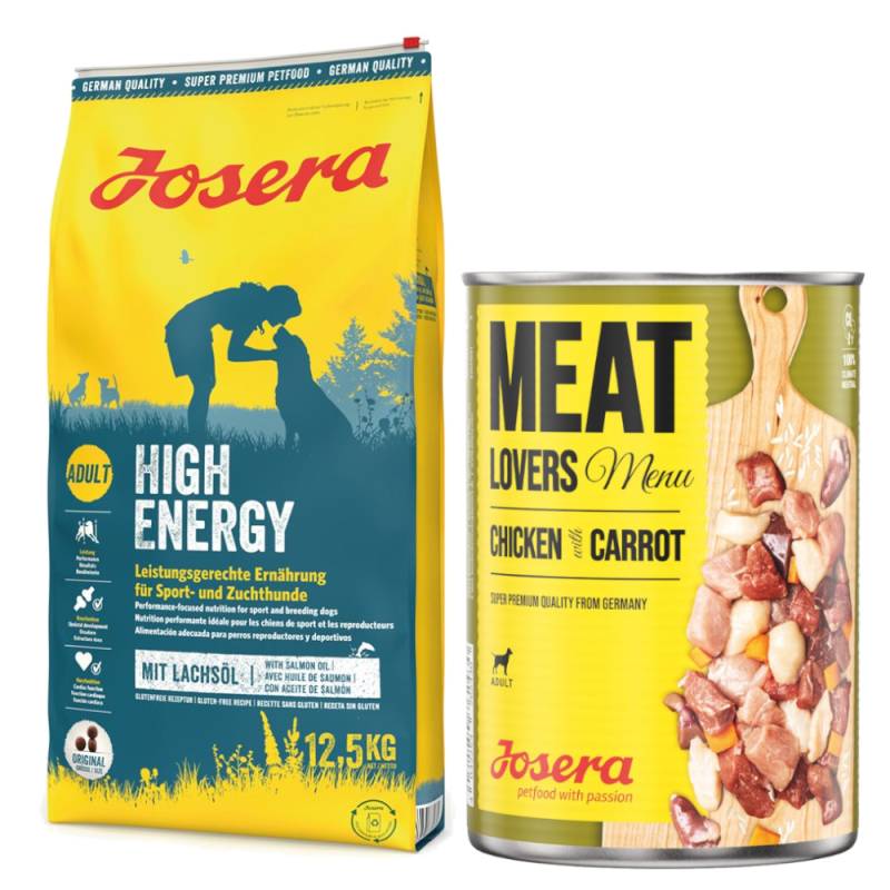 Josera Kombi-Paket: 12,5 kg Trockenfutter + 12 x 400 g Meatlovers Menü - High Energy 12,5 kg + Huhn & Karotte 12 x 400 g von Josera