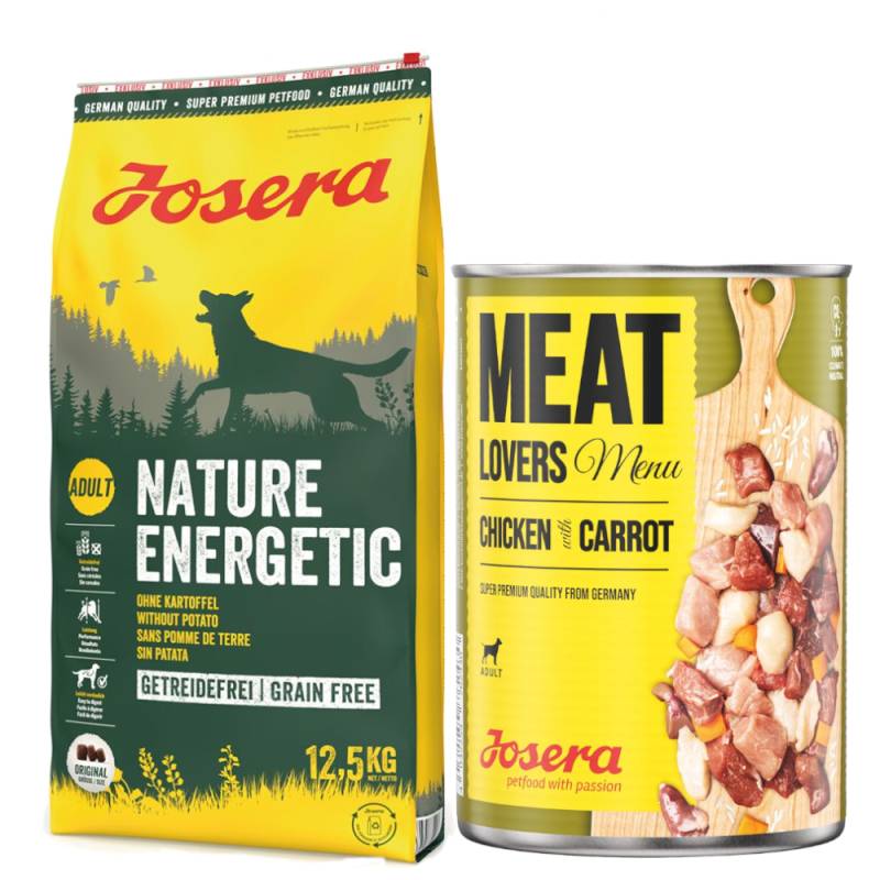 Josera Kombi-Paket: 12,5 kg Trockenfutter + 12 x 400 g Meatlovers Menü - Nature Energetic 12,5 kg + Huhn & Karotte 12 x 400 g von Josera