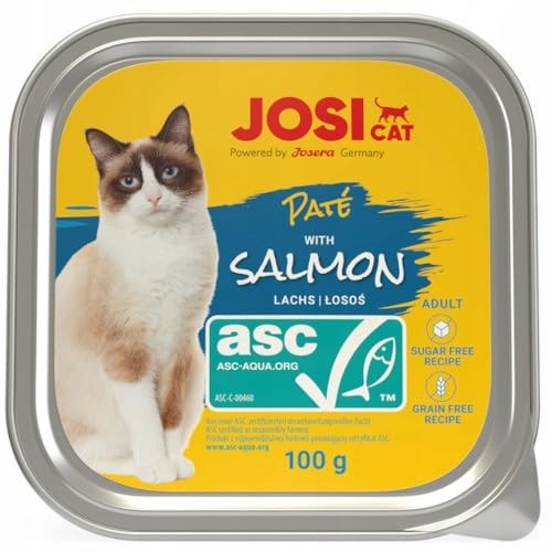 JosiCat Paté with Salmon (16 x 100 g) | Saftiges Katzenfutter mit Lachs (ASC-Zertifiziert) | getreidefrei | Premium Nassfutter für ausgewachsene Katzen | Alleinfutter | Powered by JOSERA | 16er Pack von Josera