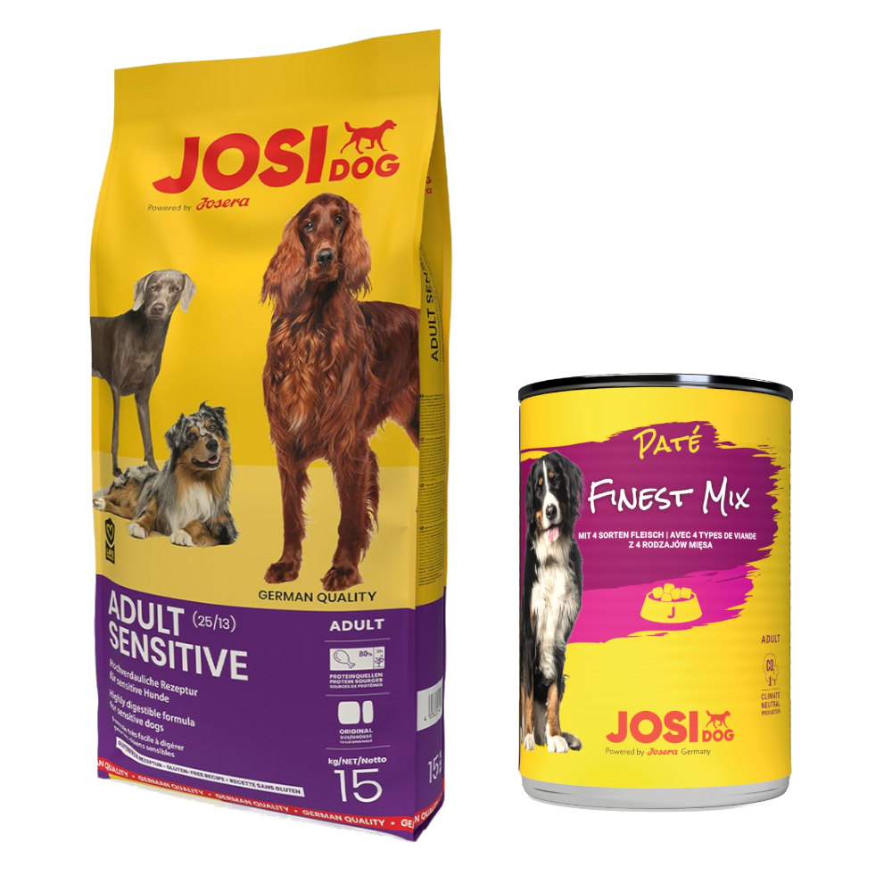 10 kg / 15 kg JosiDog + 12 x 400 g Paté Finest Mix gratis! - Adult Sensitive (15 kg) von JosiDog