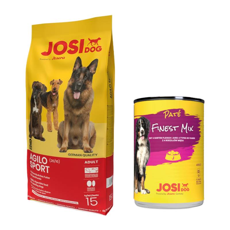 10 kg / 15 kg JosiDog + 12 x 400 g Paté Finest Mix gratis! - Agilo Sport (15 kg) von JosiDog