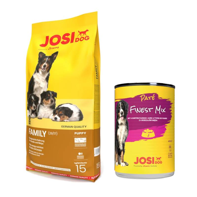 10 kg / 15 kg JosiDog + 12 x 400 g Paté Finest Mix gratis! - Family mit Huhn (15 kg) von JosiDog