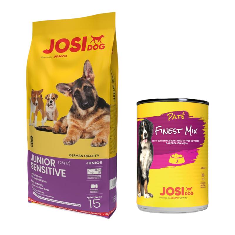 10 kg / 15 kg JosiDog + 12 x 400 g Paté Finest Mix gratis! - Junior Sensitive (15 kg) von JosiDog