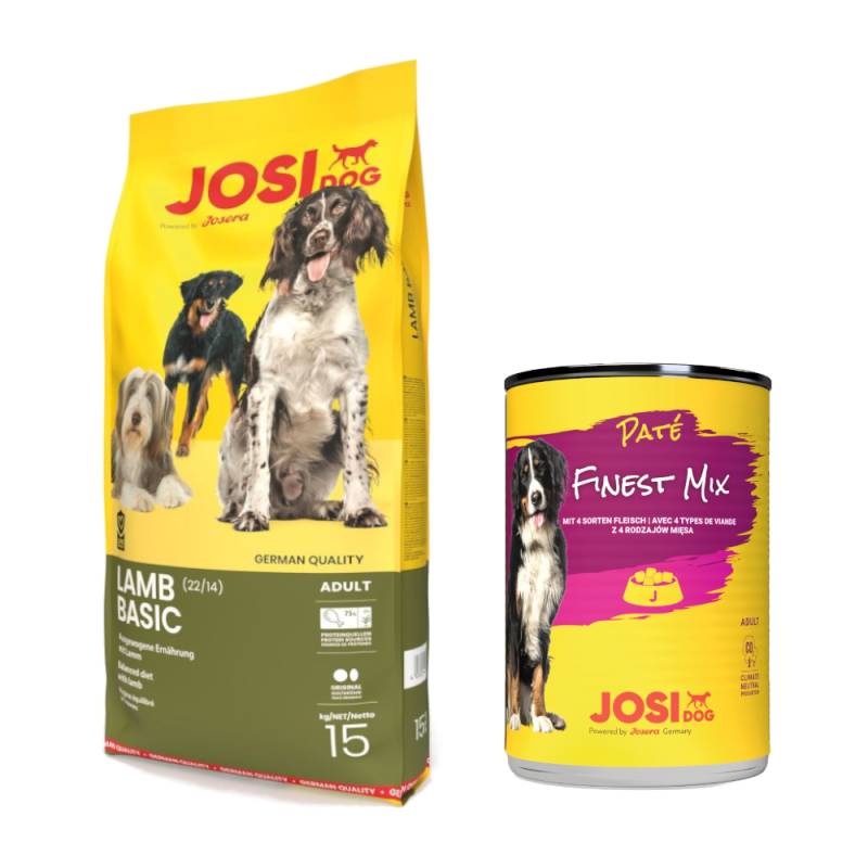 10 kg / 15 kg JosiDog + 12 x 400 g Paté Finest Mix gratis! - Lamm Basic (15 kg) von JosiDog