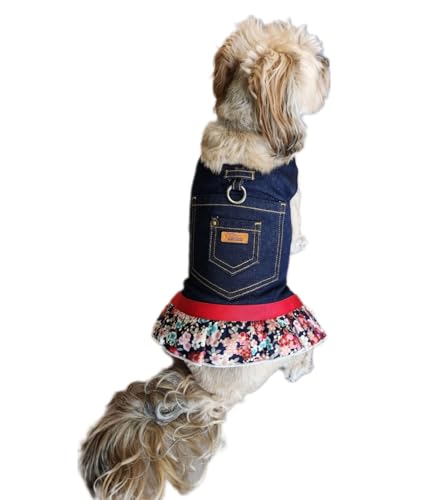 Joy Furrever Hundegeschirr Kleid mit Jeans-Blumenrock, kein Ziehen, für kleine Hunde, Premium-Bekleidung für kleine Haustiere, Welpen, Hunde und Katzen, Größe XS, S und M, Größe M von Joy Furrever