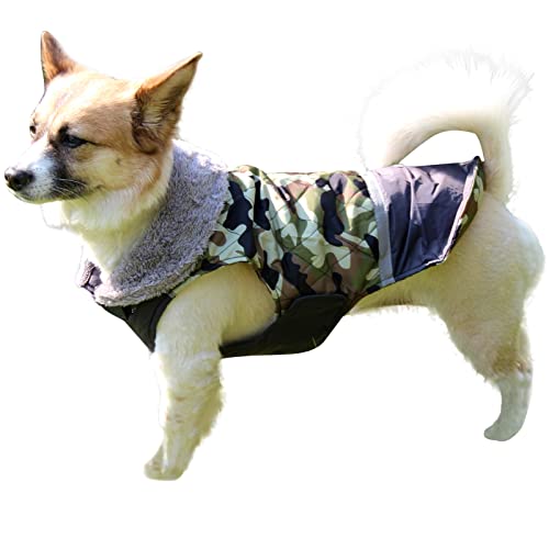 JoyDaog Wendbarer Hundemantel für mittelgroße Hunde mit Fleece-Kragen, wasserdicht, warme Hundejacke für den kalten Winter, Grün, Tarnmuster, Größe L von JoyDaog