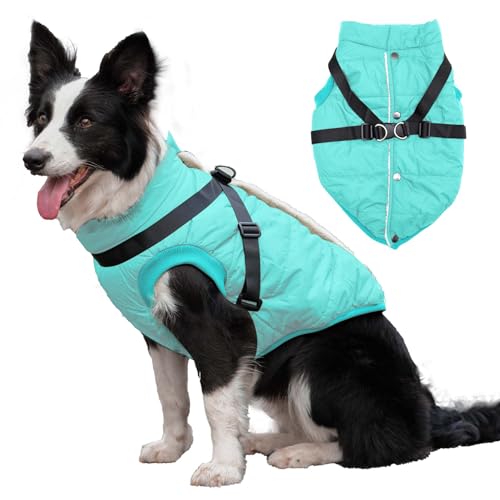 JoyDaog Hundejacke mit Geschirr, mit Fleece gefüttert, warmer Welpenmantel für den Winter, weich, winddicht, große Hundeweste, Blau, Größe XXL von JoyDaog