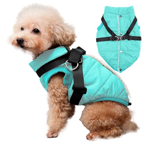 JoyDaog Hundejacke mit Geschirr, mit Fleece gefüttert, warmer Welpenmantel für den Winter, weich, winddicht, mittelgroße Hundeweste, Blau, Größe L von JoyDaog