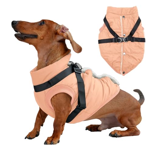 JoyDaog Hundejacke mit Geschirr, mit Fleece gefüttert, warmer Welpenmantel für den Winter, weich, winddicht, mittelgroße Hundeweste, Hellorange, Größe L von JoyDaog