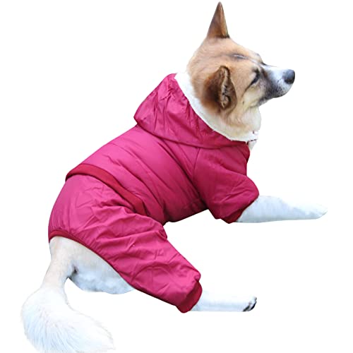 JoyDaog Hundemantel mit Fleece-Futter und abnehmbarer Kapuze und abnehmbaren Hinterbeinen, warme Welpenjacke im Winter (rot, M) von JoyDaog