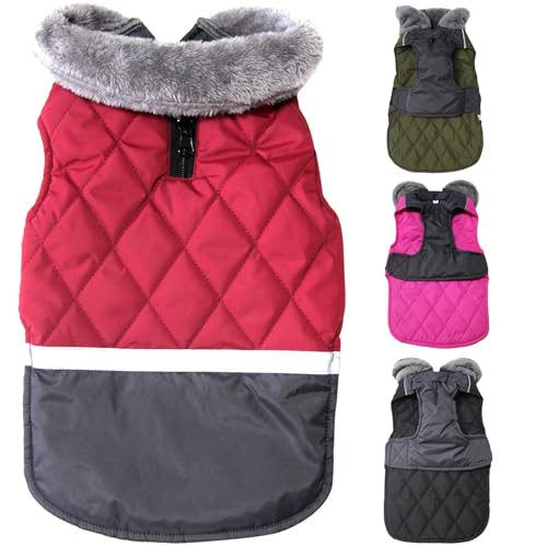 JoyDaog Hundemantel mit Fleece-Kragen, wendbar, für kleine Hunde, wasserdicht, warm, Welpenjacke für kalten Winter, Rot, Größe M von JoyDaog