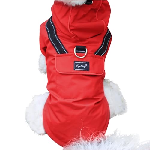 JoyDaog Premium-Hunde-Regenmantel mit Kapuze für extra kleine Hunde, Outdoor-Sport, wasserdichte Hunde-Regenjacke, Welpen-Regenmantel mit Taschen, Rot, Größe XS von JoyDaog