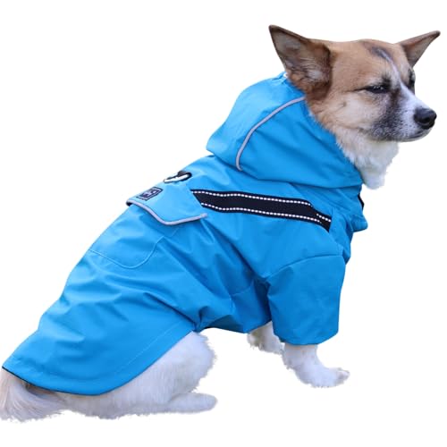 JoyDaog Premium-Hunde-Regenmantel mit Kapuze für mittelgroße Hunde, Outdoor-Sport, wasserdichte Hunde-Regenjacke, Welpen-Regenmantel mit Taschen, Blau, Größe M von JoyDaog