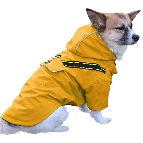 JoyDaog Premium-Hunde-Regenmantel mit Kapuze für mittelgroße Hunde, Outdoor-Sport, wasserdichte Hunde-Regenjacke, Welpen-Regenmantel mit Taschen, Gelb, Größe L von JoyDaog