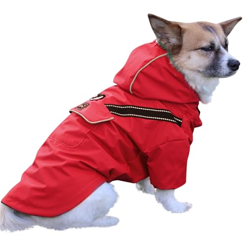 JoyDaog Premium-Hunde-Regenmantel mit Kapuze für mittelgroße Hunde, Outdoor-Sport, wasserdichte Hunde-Regenjacke, Welpen-Regenmantel mit Taschen, Rot, Größe L von JoyDaog