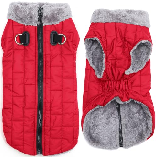 JoyDaog Warmer Fleece-Hundemantel mit strapazierfähigem Geschirr mit D-Ring, wasserdichte Hundejacke für große Hunde, Hundeweste für den kalten Winter, Rot, Größe XXL von JoyDaog