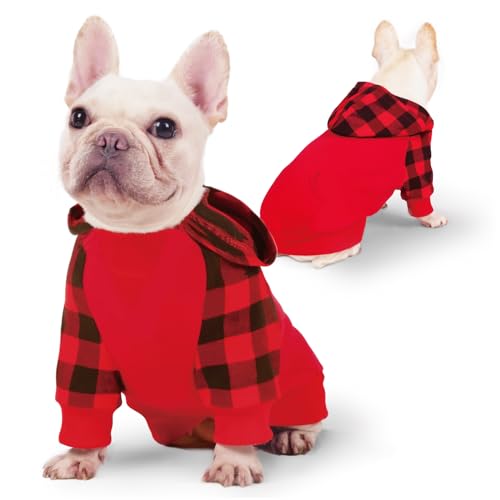 Joyahoo Kleine Hunde Hoodie, 100% Baumwolle Büffel Plaid Hundekleidung für Hund Mädchen Junge, Französische Bulldogge Welpen Hundekleidung Frenchie Haustier Winterkleidung Sweatshirt, Kaltes Wetter von Joyahoo