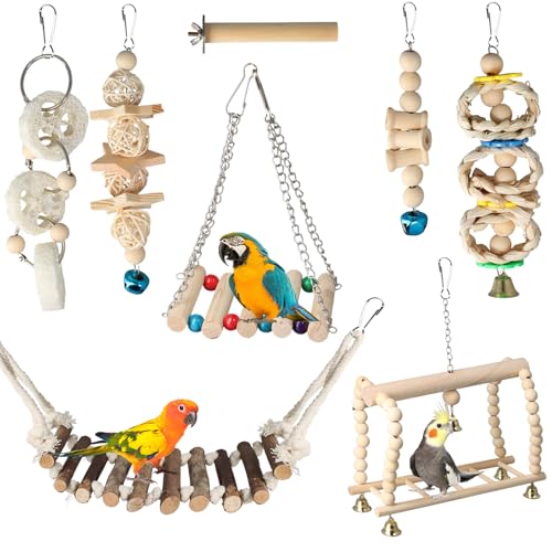 Wellensittich Spielzeug Set, 8 Stück Holz Vogelspielzeug für Sittiche und Papageien, Natürliche Materialien, Sicher und Langlebig von Joyan