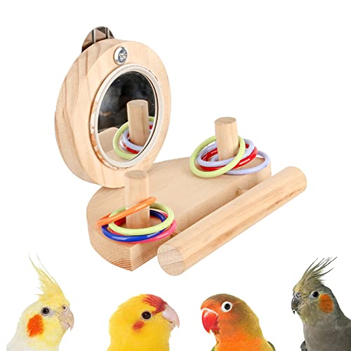 Joyeee Papageienspiegel-Spielzeug, Haustierspiegel-Spielzeug mit Holzplattform-Ständer, 8 bunte Stapelringe, Vogelspielzeug, Intelligenzspielzeug, Idee für Nymphensittiche, Papageien, Vogelkäfig von Joyeee