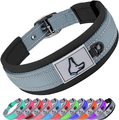 Joytale Hundehalsband, Weich Gepolstert Neopren Halsbänder für Extra Große Hunde, Nylon Reflektierend Breit Halsband Hund, Grau von Joytale