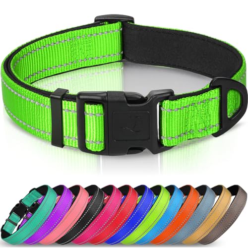 Joytale Halsband Hund, Gepolstertes Hundehalsband Breit aus Neopren Nylon Hundehalsband Verstellbar für Große Hunde, Weich und Reflektierend Hundehalsbänder, XL, Grün von Joytale