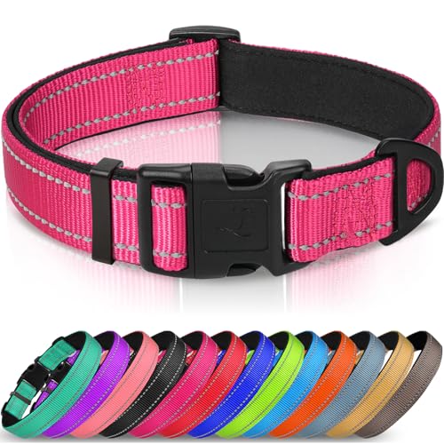 Joytale Halsband Hund, Gepolstertes Hundehalsband Breit aus Neopren Nylon Hundehalsband Verstellbar für Große Hunde, Weich und Reflektierend Hundehalsbänder, XL, Hotpink von Joytale