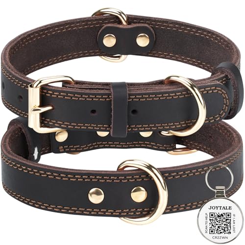 Joytale Hundehalsband Leder mit QR ID Tag, Weiches Echtleder Hundehalsband Langlebiges und Verstellbare für Große Hunde, Braun, L von Joytale