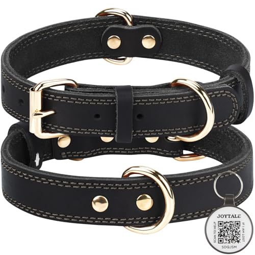 Joytale Hundehalsband Leder mit QR ID Tag, Weiches Echtleder Hundehalsband Langlebiges und Verstellbare für Kleine Hunde, Schwarz, S von Joytale