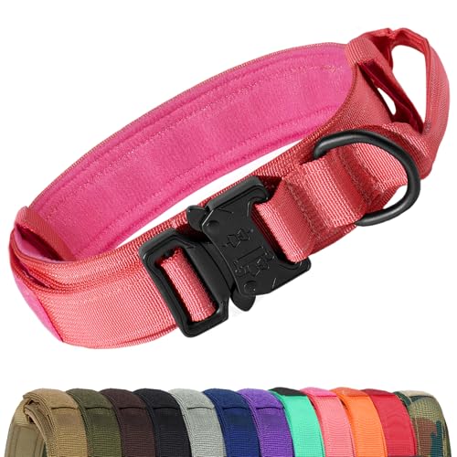 Joytale Taktisches Hundehalsband mit Griff Halsband Hund 3.8 cm Breit Hundehalsband für Große Hunde Verstellbar aus Nylon, Leuchtend Rosa, XL von Joytale