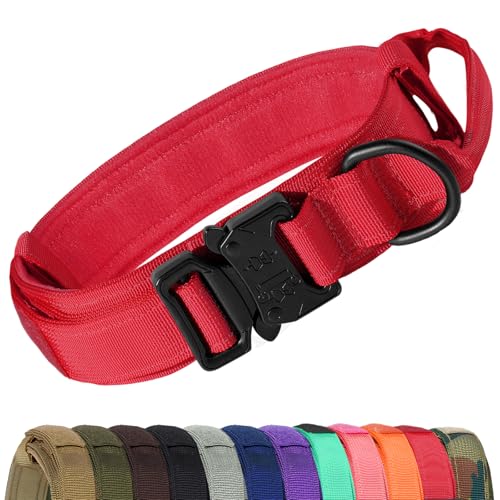 Joytale Taktisches Hundehalsband mit Griff Halsband Hund 3.8 cm Breit Hundehalsband für Große Hunde Verstellbar aus Nylon, Rot, L von Joytale