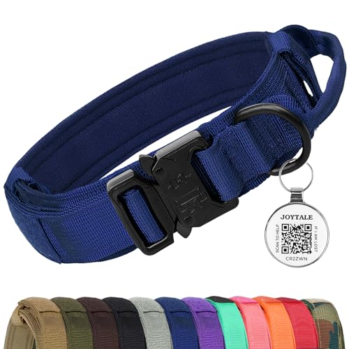 Joytale Taktisches Hundehalsband | Hunde Halsband mit Griff | Hundehalsband Mittelgroße Hunde mit QR Code Hundemarke, Navy Blau, M von Joytale