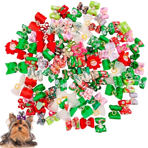 JpGdn 100 Stück Weihnachts-Haarschleifen für kleine Hunde, Weihnachten, Welpen, Haarschleifen mit Weihnachtsbaum, Weihnachtsmann, Schneemann, Strass, für mittelgroße Hunde, Katzen, Haustierhaar, von JpGdn