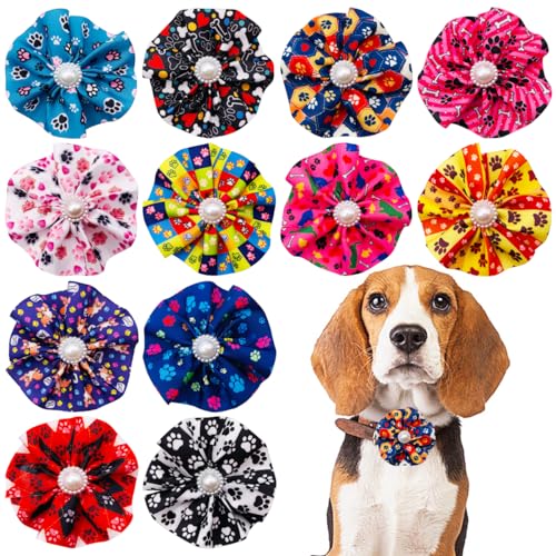 JpGdn 12 x Hundehalsband-Schleifen, Schleifen-Befestigung, Pfotenabdruck für kleine, mittelgroße Mädchen, weibliche Katzen, Welpen, Alpaka, Kaninchen, Halsschleifen, Fellpflege-Zubehör von JpGdn