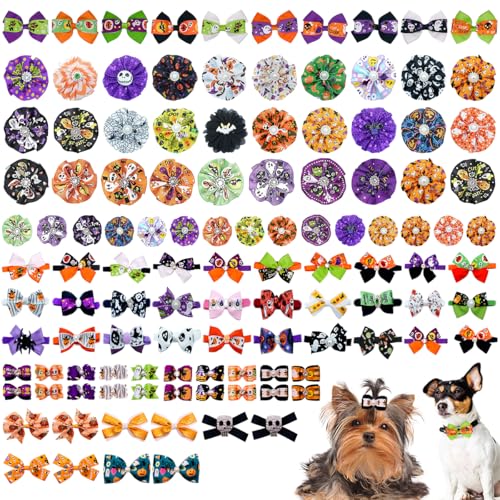 JpGdn 120 Stück Halloween-Hunde-Kostüm-Packung enthält 30 Stück Halloween-Hundehalsband-Blumen, 30 Stück Hundehalsband-Fliegen, 20 Stück Hunde-Fliege mit Halsband und 38 Stück/19 Paar von JpGdn