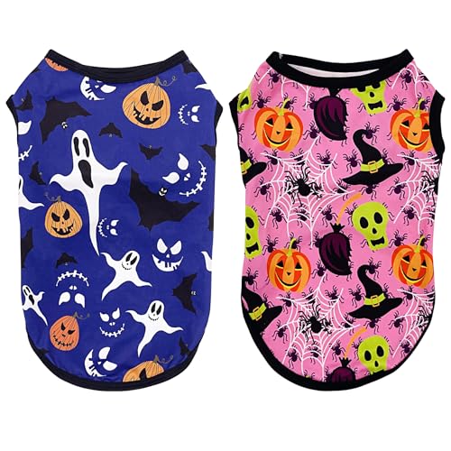 JpGdn 2 x Halloween-Hunde-Shirt, Kleidung, Weste, weich, atmungsaktiv, Sweatshirts für XXXL-Rassen, mit Kürbis, Fledermäusen, Geist, Spinne, Eulen, Aufdruck in rosa und blau von JpGdn