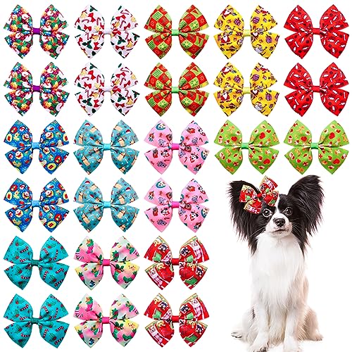 JpGdn 24 Stück/12 Paar 10,2 cm große Hunde Haarschleifen Weihnachten für große Rassen Hunde Schneemann Weihnachtsmann Elch Weihnachtsbaum Muster für Mädchen Junge Bowknot Topknot Pflege Haarschmuck von JpGdn