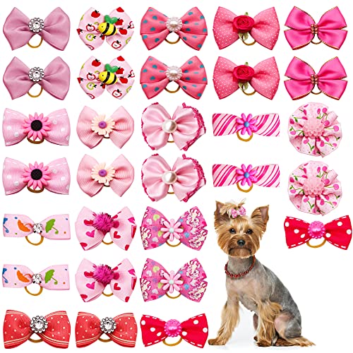 JpGdn 30 Stück/15 Paar rosa Hundehaarschleifen mit Gummibändern, Welpenhaar, Schleife, Top-Knoten, elastisches Radom-Muster für Mädchen, weibliche Hunde, Pudel, Tierpflege, Zubehör, Befestigung von JpGdn