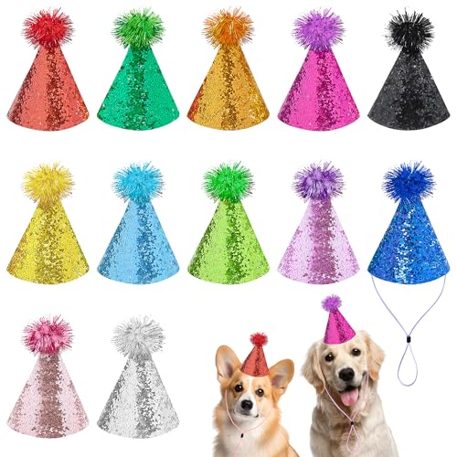 JpGdn Kegelhüte für Hunde mit Pompons für kleine, mittelgroße Hunde und Katzen, Urlaub, Hochzeit, Kostüm, Zubehör, 12 Stück von JpGdn