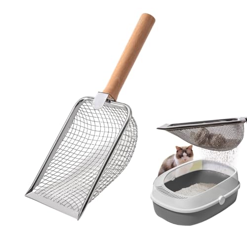 Katzenschaufel Edelstahl für katzenklo,5 mm Porengröße Metall Katzenschaufel,Griff aus Massivholz Katzentoilette Scooper, Cat litter Scoop antihaftbeschichtet Aluminiumlegierung, Kitty Metallschaufel von Jrhncy