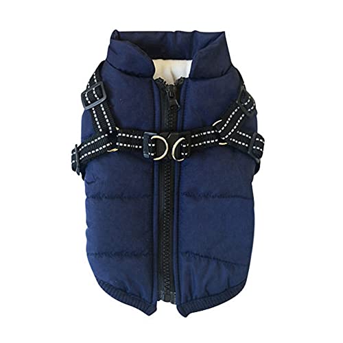 wasserdichte Hundemäntel Jacken mit Geschirr, Winter Warme Hundejacke Hundebekleidung mit reflektierenden Streifen Hunde Outfits Sportweste für kleine mittelgroße Hunde (Dunkelblau, L) von JstDoit