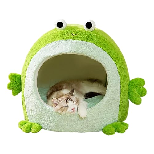 Jubepk Katzenbetthöhle | Froschform Katzenbetten für Indoor-Katzen | Cartoon-weiches Plüschkissen, niedliches warmes Winter-Katzennest, 35 x 35 x 32 cm, faltbares Hundehaus, Hundehütte, Bettmatte für von Jubepk